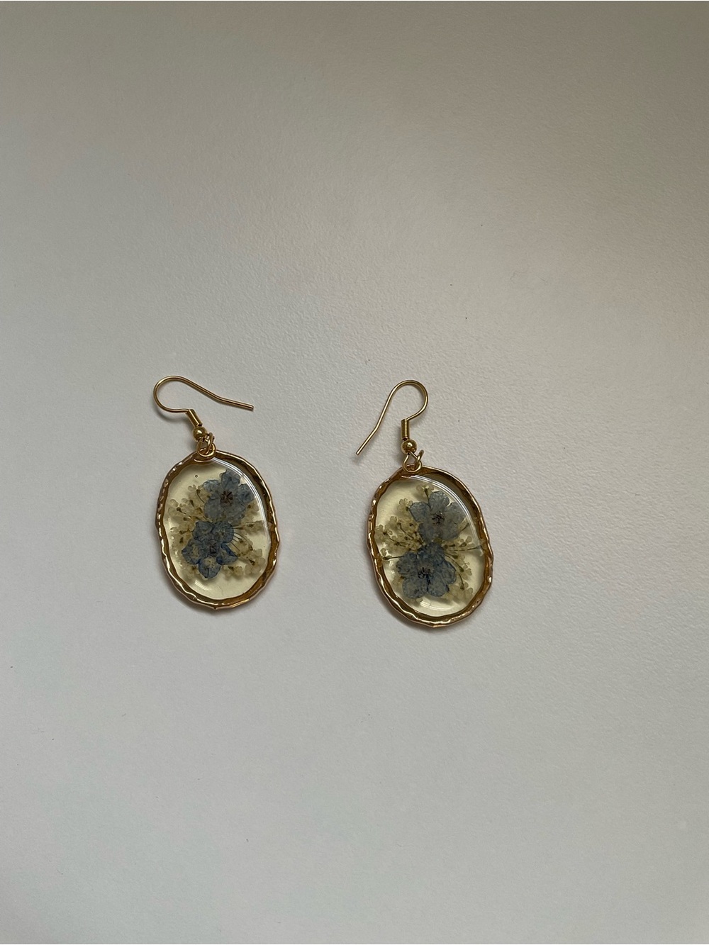 Handmade Gold Oval Resin Earrings with Blue Floral Inlay Reversible